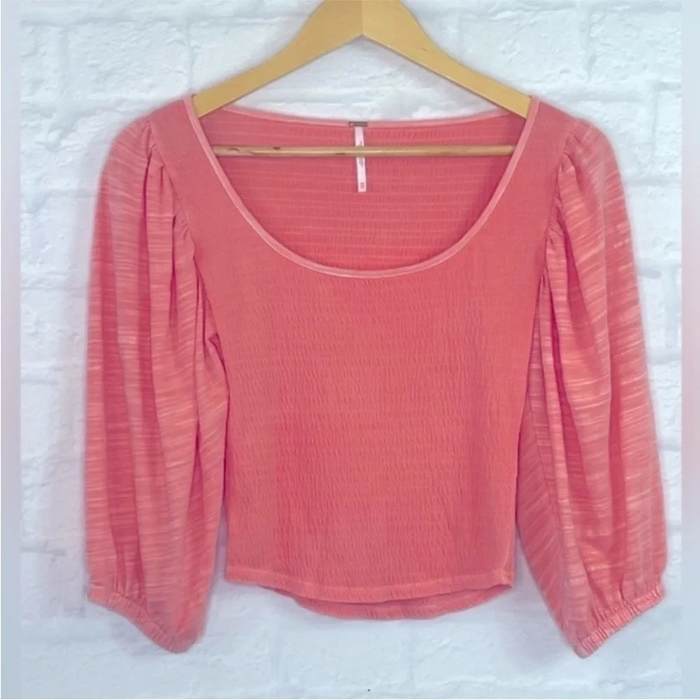 Free People Day Lily Puff Sleeve  Top Coral Pink Size XS Slub Fabric